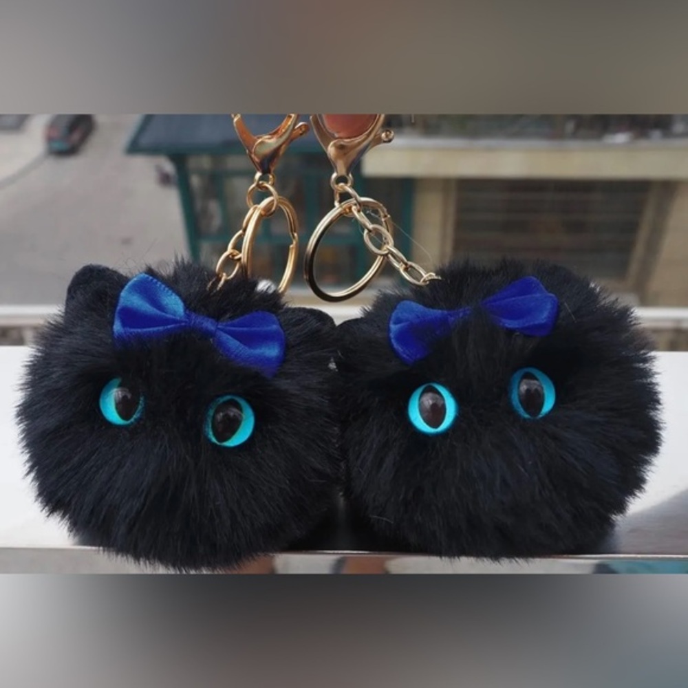 Black Cat Keychain Bag Charm SET - Pom Pom Style